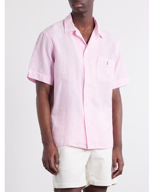 Polo Ralph Lauren Pink Logo-Embroidered Checked Linen And Cotton-Blend Shirt for men