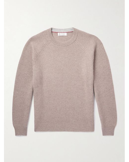 Brunello Cucinelli Natural Ribbed Cashmere Sweater for men