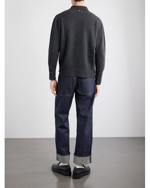 Thom Browne Gray Knitted Merino Wool Polo Sweater for men