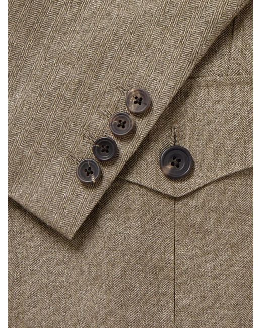 Kingsman Natural Argylle Nehru-collar Herringbone Linen Jacket for men