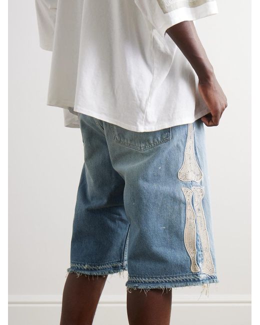 Kapital Blue Straight-Leg Appliquéd Distressed Denim Shorts for men
