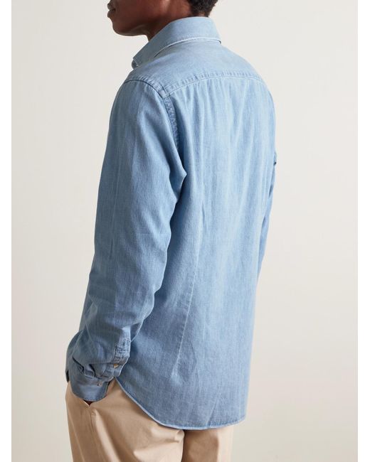 Eleventy Blue Slim-Fit Cotton-Chambray Shirt for men