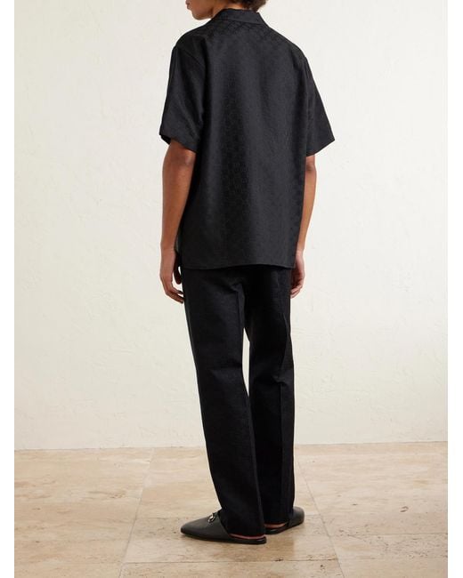 Gucci Black Camp-Collar Logo-Jacquard Linen-Blend Shirt for men