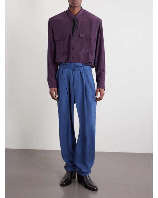 Saint Laurent Blue Tapered Belted Pleated Silk Trousers for men