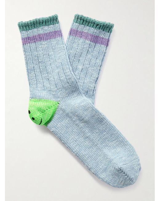 Kapital Blue Happy Heels Striped Ribbed Cotton-Blend Socks for men