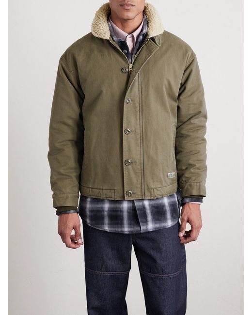 Neighborhood Green N-1 Fleece-trimmed Logo-print Padded Cotton Jacket for men