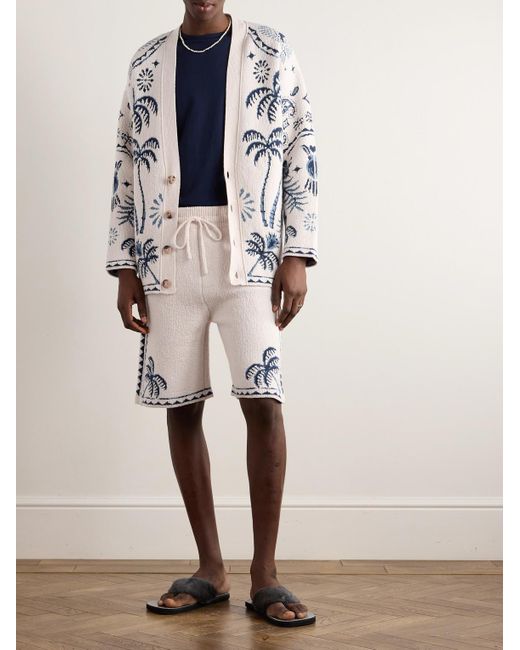 Alanui Blue Straight-leg Jacquard-knit Cotton And Linen-blend Drawstring Bermuda Shorts for men