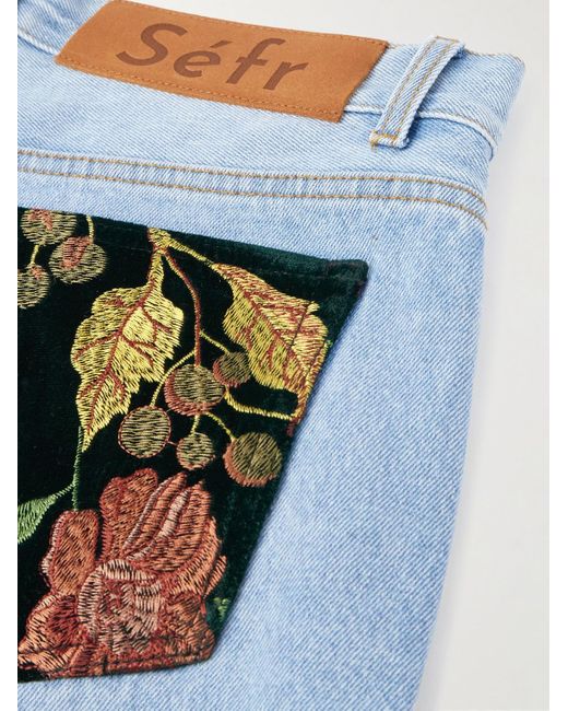 Séfr Blue Flared Embroidered Velour-trimmed Jeans for men