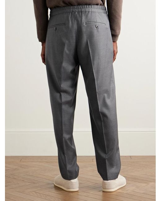 Caruso Gray Slim-Fit Pleated Wool Drawstring Trousers for men