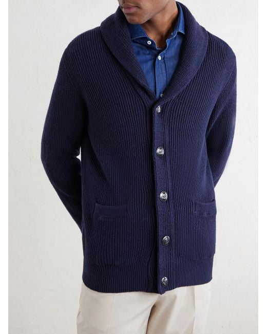 Brunello Cucinelli Blue Shawl-Collar Ribbed Cotton Cardigan for men
