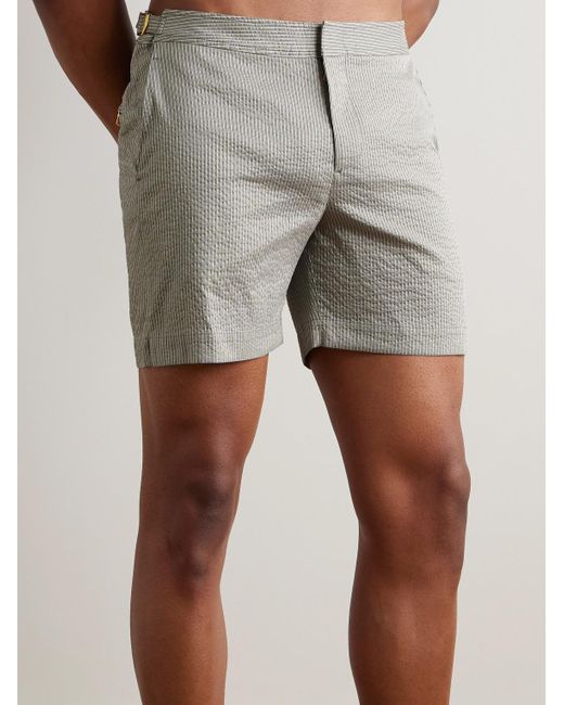 Orlebar Brown Gray Bulldog Straight-Leg Mid-Length Striped Seersucker Swim Shorts for men