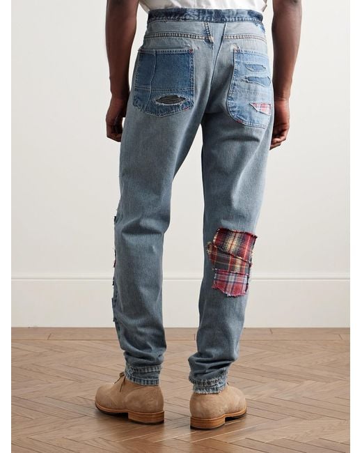 Greg Lauren Blue Slim-Fit Tapered Flannel Patchwork Jeans for men