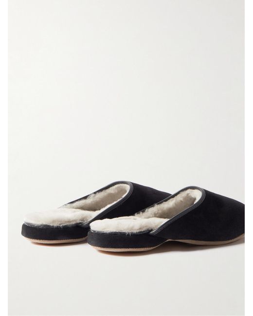 Derek Rose White Douglas Leather-Trimmed Shearling-Lined Suede Slippers for men