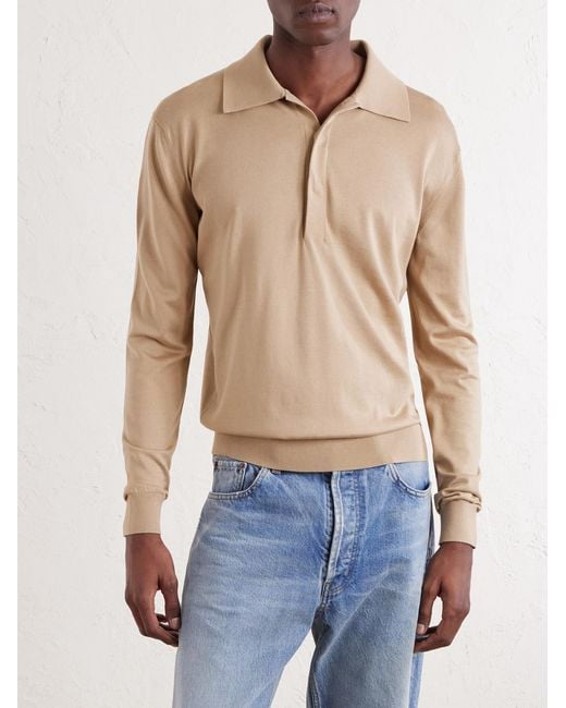 Saint Laurent White Silk And Cotton-Blend Polo Sweater for men