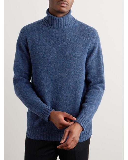 Kingsman Blue Ribbed Shetland Wool Rollneck Sweater for men