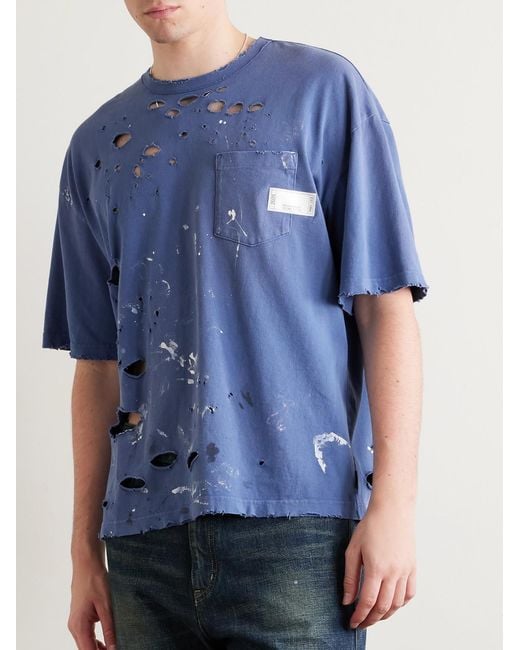 Neighborhood Blue Savage Distressed Paint-Splattered Cotton-Jersey T-Shirt for men