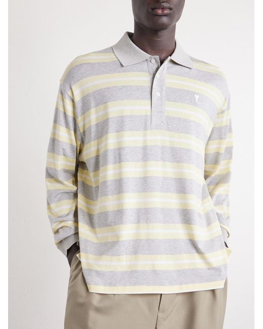 AMI Natural Striped Cotton-Jersey Polo Shirt for men