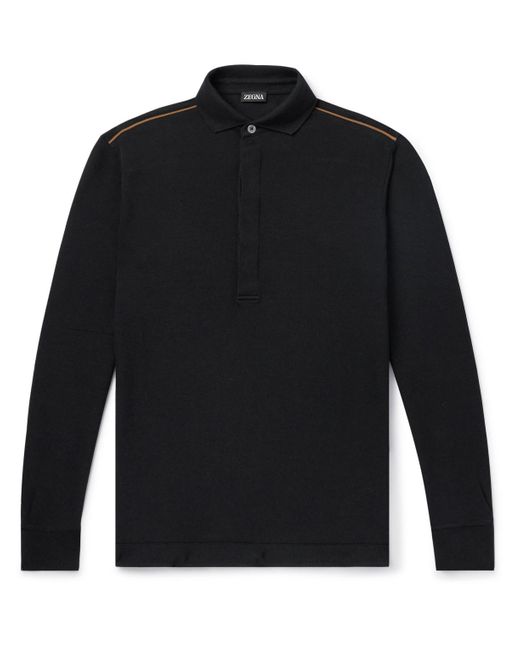 Zegna Black Leather-trimmed Cotton-piqué Polo Shirt for men