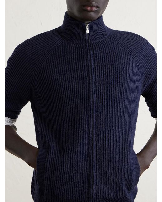Ribbed Cotton Zip-Up Sweater di Brunello Cucinelli in Blue da Uomo