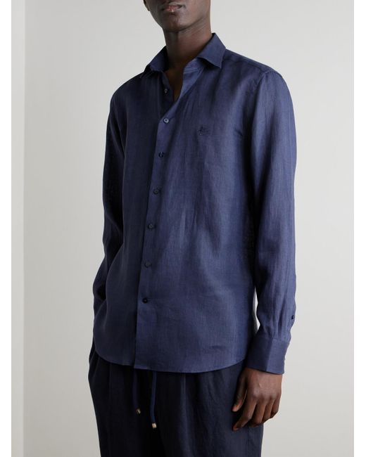 Etro Blue Slim-Fit Logo-Embroidered Linen Shirt for men