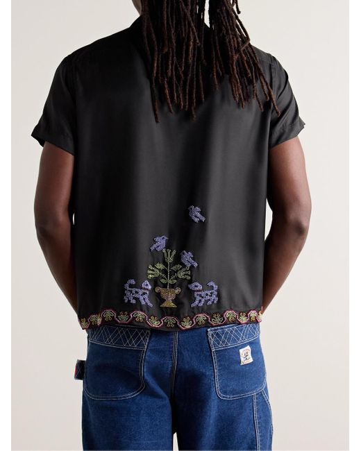 Bode Black Garden Sampler Bead-embellished Silk-twill Shirt for men