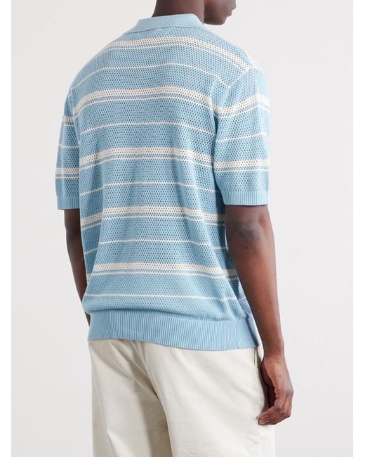 Beams Plus Blue Striped Knitted Cotton Polo Shirt for men