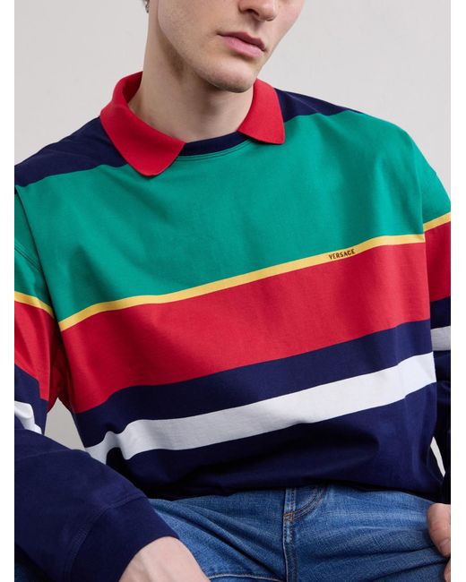 Versace Blue Logo-embroidered Striped Cotton-jersey Sweatshirt for men