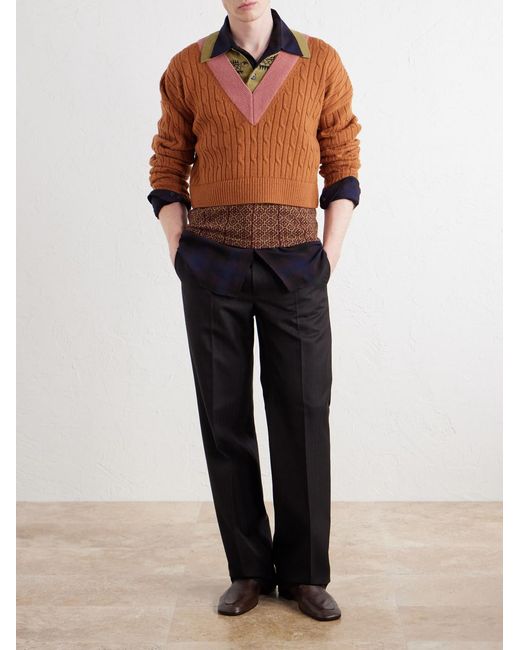 Dries Van Noten Orange Jacquard-trimmed Cable-knit Wool And Cotton-blend Sweater for men