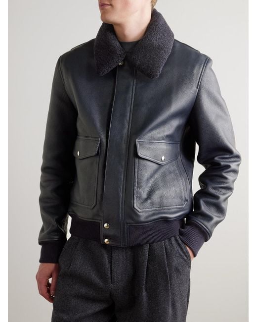 Mr P. Blue Shearling-Trimmed Full-Grain Leather Blouson Jacket for men