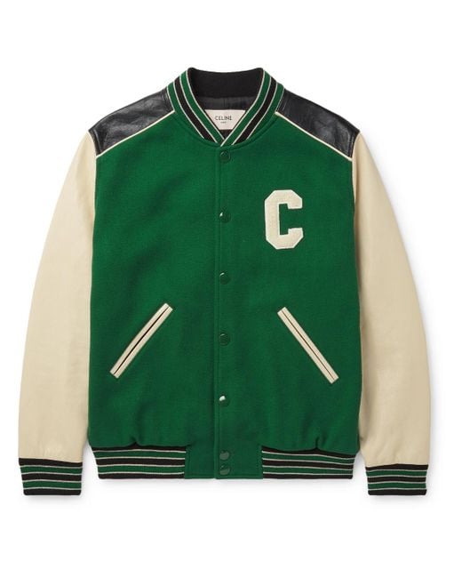 CELINE HOMME Green Appliquéd Wool-blend And Leather Varsity Jacket for men