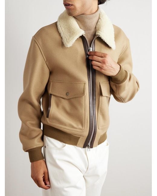Tom Ford Natural Cropped Wool Jacket With Plush Shearling Collar for men