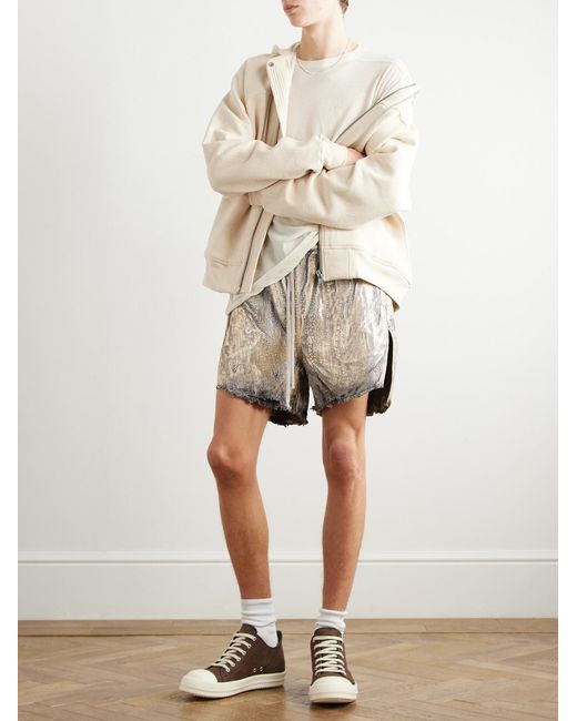 Rick Owens Natural Blister Straight-Leg Frayed Metallic Megacrust Stretch-Denim Drawstring Shorts for men