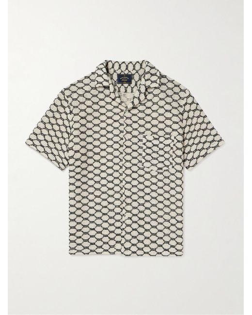 Portuguese Flannel White Net Camp-collar Crochet-knit Cotton-blend Shirt for men