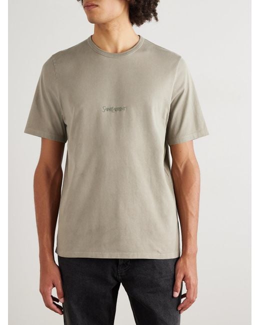 Saint Laurent Natural Logo-embroidered Cotton-jersey T-shirt for men