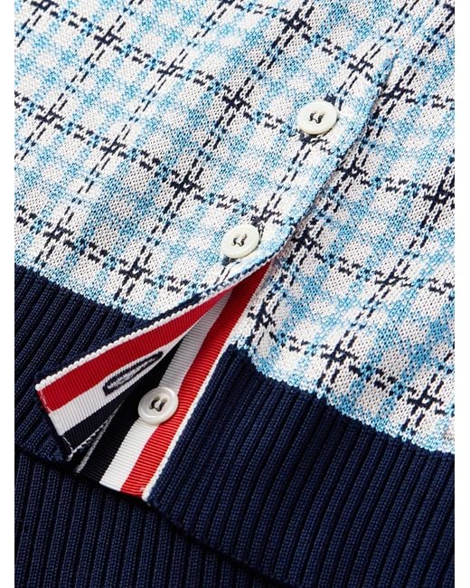 Thom Browne Blue Jacquard-Knit Silk And Cotton-Blend Polo Shirt for men