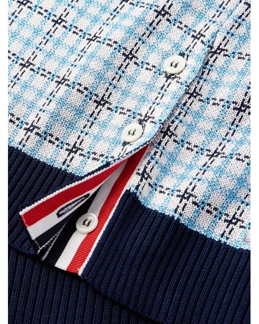 Thom Browne Blue Jacquard-knit Silk And Cotton-blend Polo Shirt for men