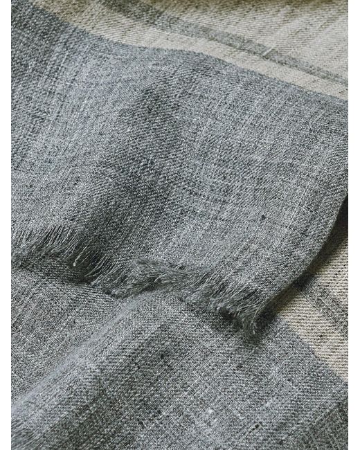 Brunello Cucinelli Gray Frayed Striped Linen Scarf for men