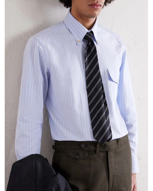 J. Mueser White Striped Button-down Collar Cotton Oxford Shirt for men