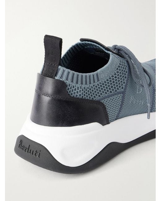 Berluti Blue Shadow Leather-Trimmed Stretch-Knit Sneakers for men