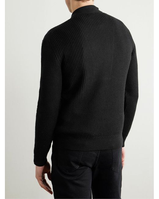Tom Ford Black Slim-Fit Shawl-Collar Ribbed Merino Wool-Blend Half-Placket Sweater for men