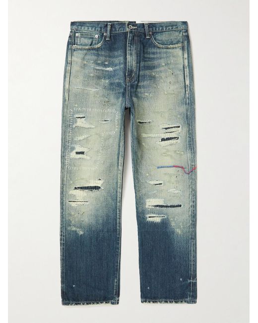 Neighborhood Blue Savage Straight-leg Embroidered Distressed Jeans for men