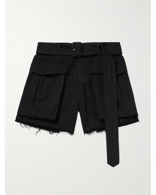 Dries Van Noten Black Straight-leg Belted Frayed Cotton-gabardine Cargo Shorts for men