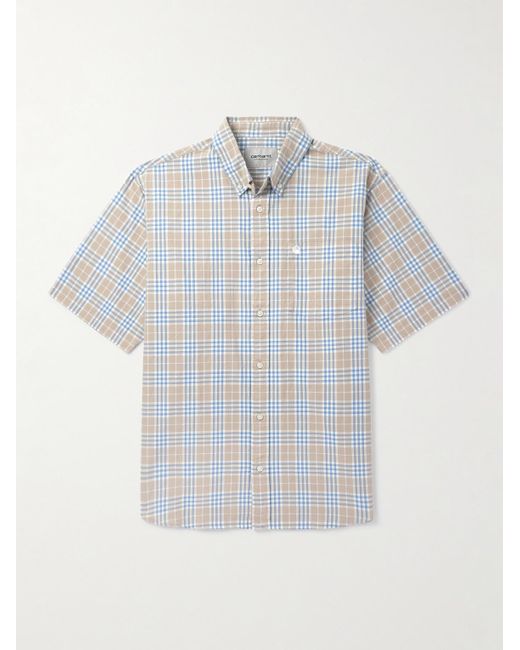 Carhartt Blue Niven Button-Down Collar Logo-Embroidered Checked Cotton And Linen-Blend Shirt for men