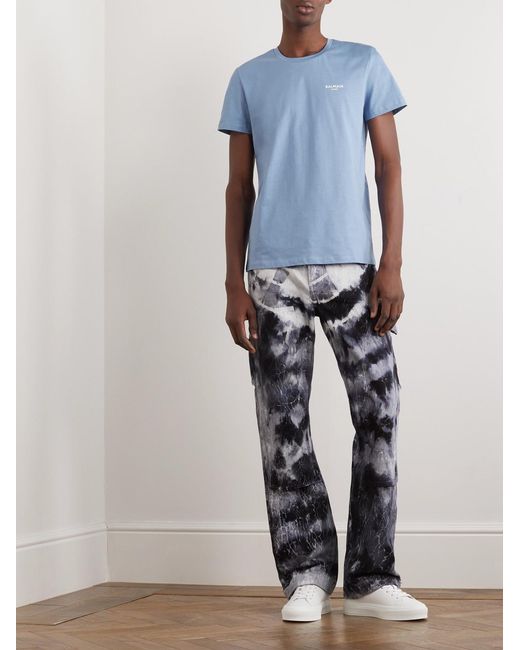 Balmain Blue Logo-Flocked Cotton-Jersey T-Shirt for men