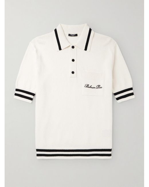 Balmain Natural Logo-embroidered Striped Knitted Polo Shirt for men