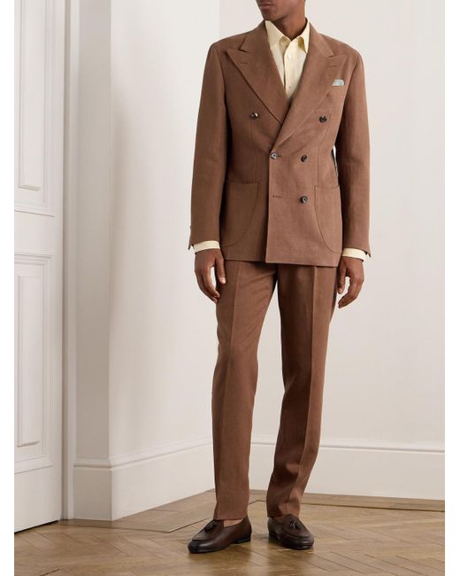 Thom Sweeney Brown Unstructured Double-breasted Linen Suit Jacket for men