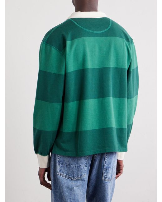 Drake's Green Striped Cotton-Jersey Half-Zip Polo Shirt for men
