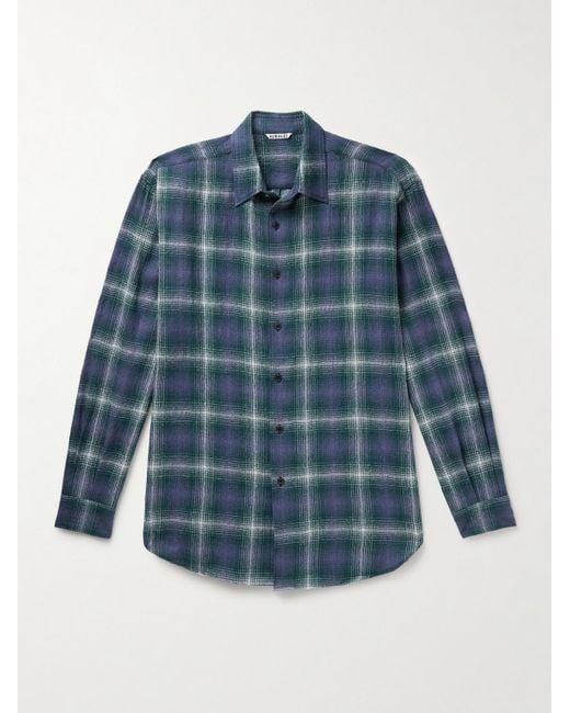 Auralee Blue Airy Checked Wool-Flannel Shirt for men