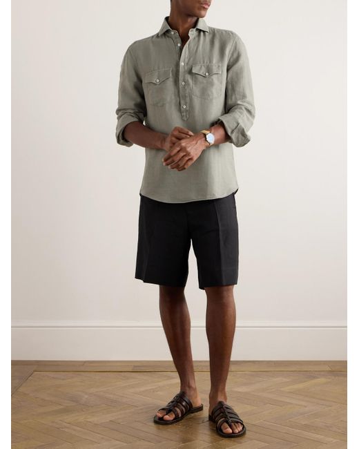 Brunello Cucinelli Hemd aus einer Leinen-Baumwollmischung mit Cutaway-Kragen und kurzer Knopfleiste in Gray für Herren