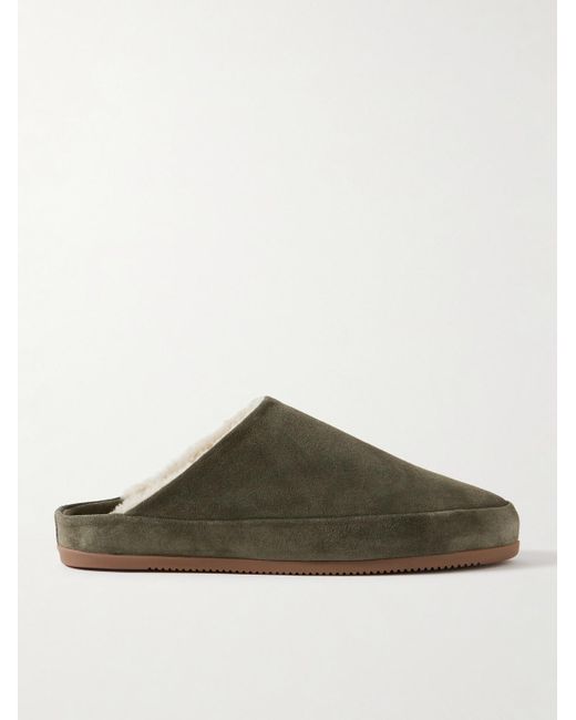 Shearling-Lined Suede Slippers di Mulo in Green da Uomo